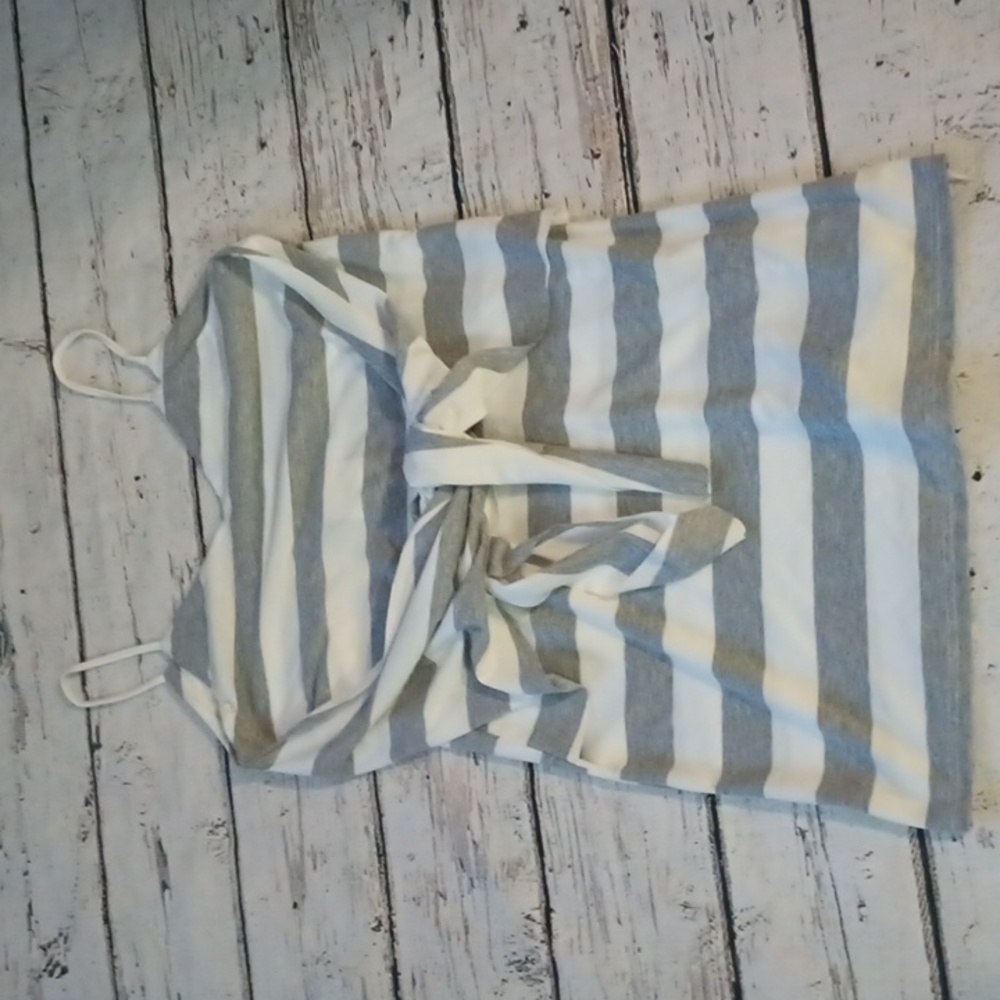 Msquared White Gray Striped Wrap Front Cotton Blend Mini Dress M NWT